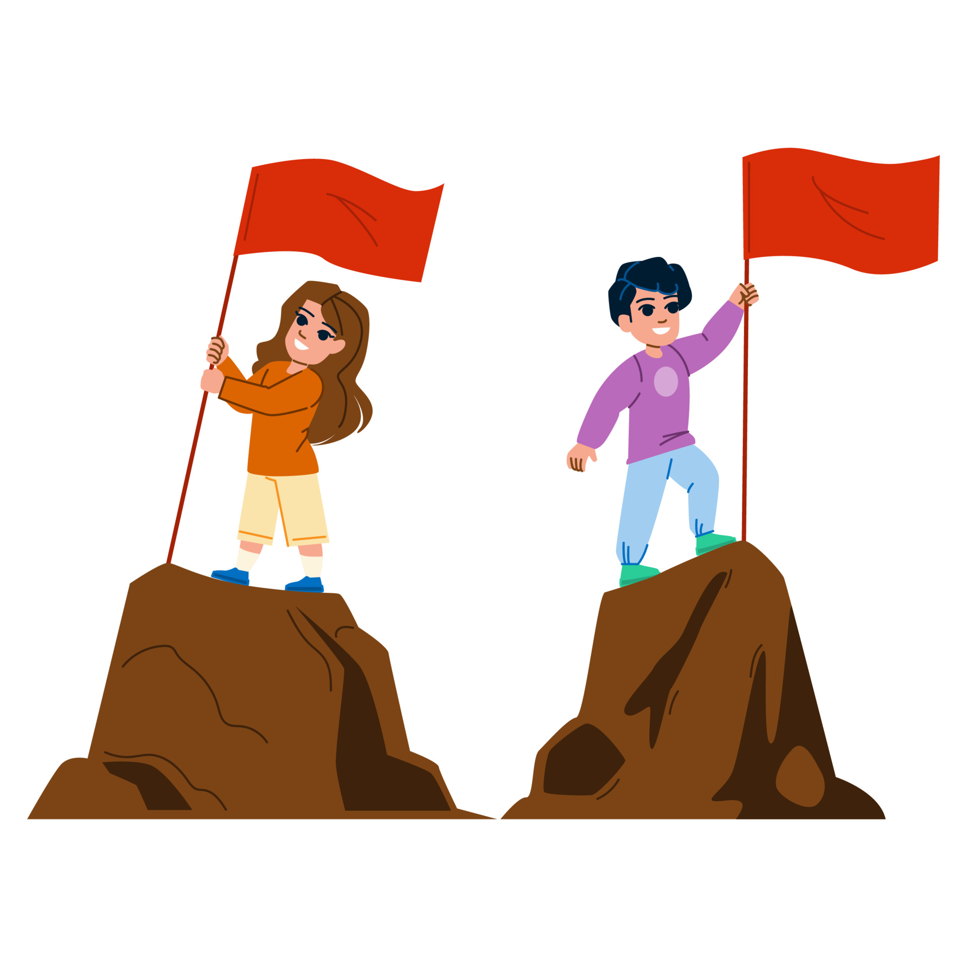 two students holding flags on top of separate mountains